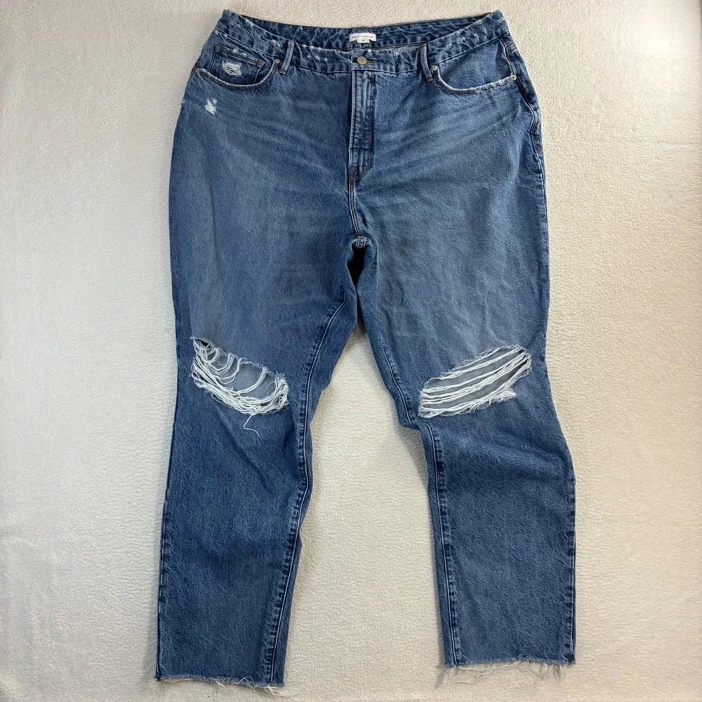 Good American Jeans Women 16 38x32 Blue Classic Straight Legs Whisker Distressed